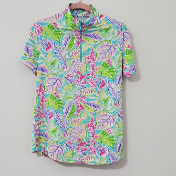 IBKUL Tops - IBKUL Short Sleeve Mock Neck Quarter Zip Tropical Print Athleisure Top Small